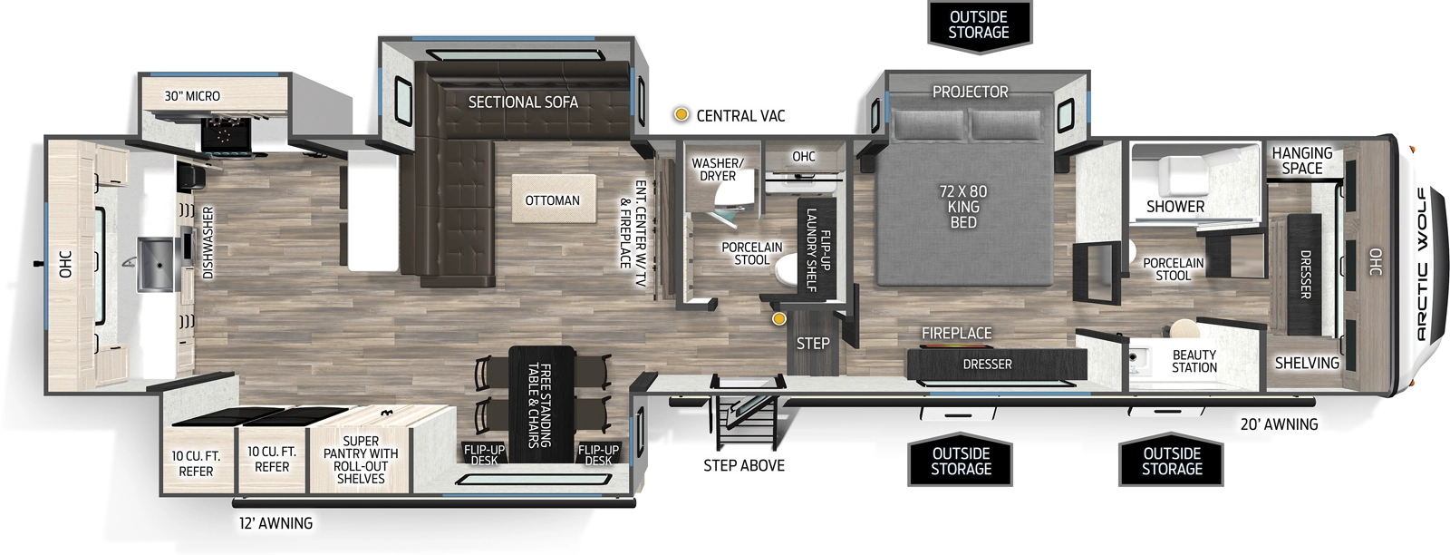 The Arctic Wolf 387ML floorplan has one entry and four slide outs. Exterior features include: fiberglass exterior and 12' & 15' awning. Interiors features include: rear kitchen, free-standing dinette option, pass through bathroom and bathroom and a half.